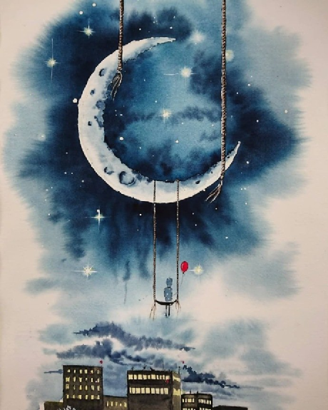 水彩画,月亮