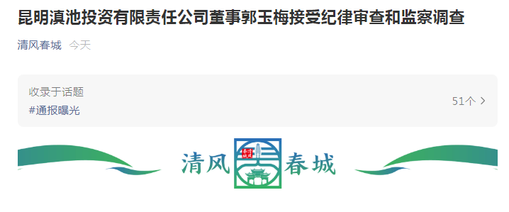 昆明滇池投资有限责任公司董事郭玉梅接受纪律审查和监察调查