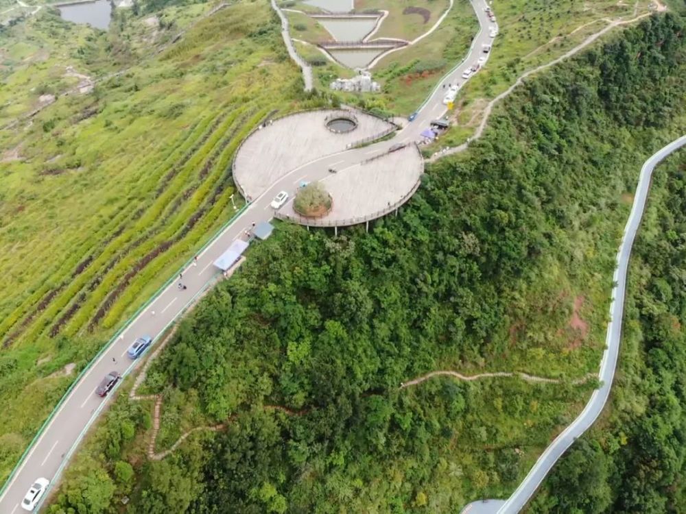 山顶处修建了这么个有点太极图意思的圆形观景台,一边是水池,一边种着