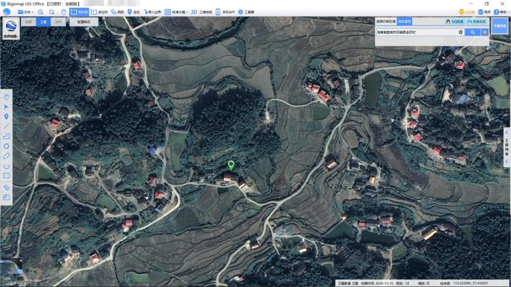 高德地图上的湖南金田村,仅能放大到15级,且不够高清(卫星地图来源