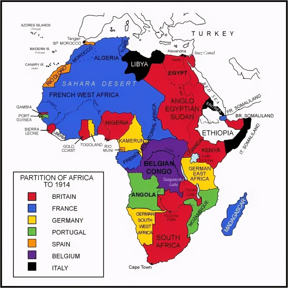 一战前的非洲,其中蓝色部分为法国殖民地