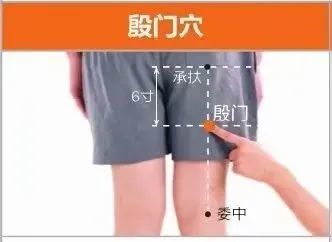 【殷门穴的位置】位于大腿后面,当承扶与委中的连线上,承扶下6寸.