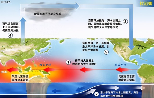 5摄氏度水平时,就会形成拉尼娜现象,受拉尼娜现象的影响,太平洋东部