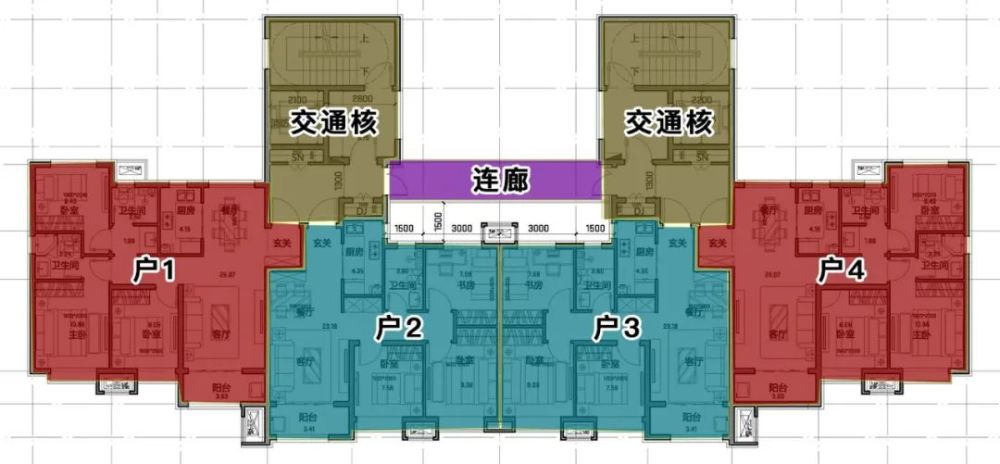 左右镜像户型,两部交通核分列东西,中间由消防连廊连通,每层两户享受