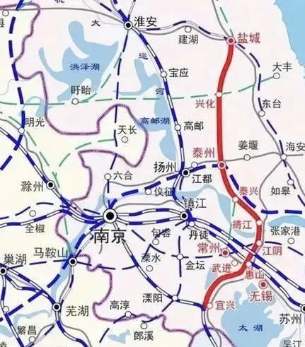 盐泰锡常宜铁路将与北沿江高速铁路,南沿江高速铁路,宁杭高铁互联互通