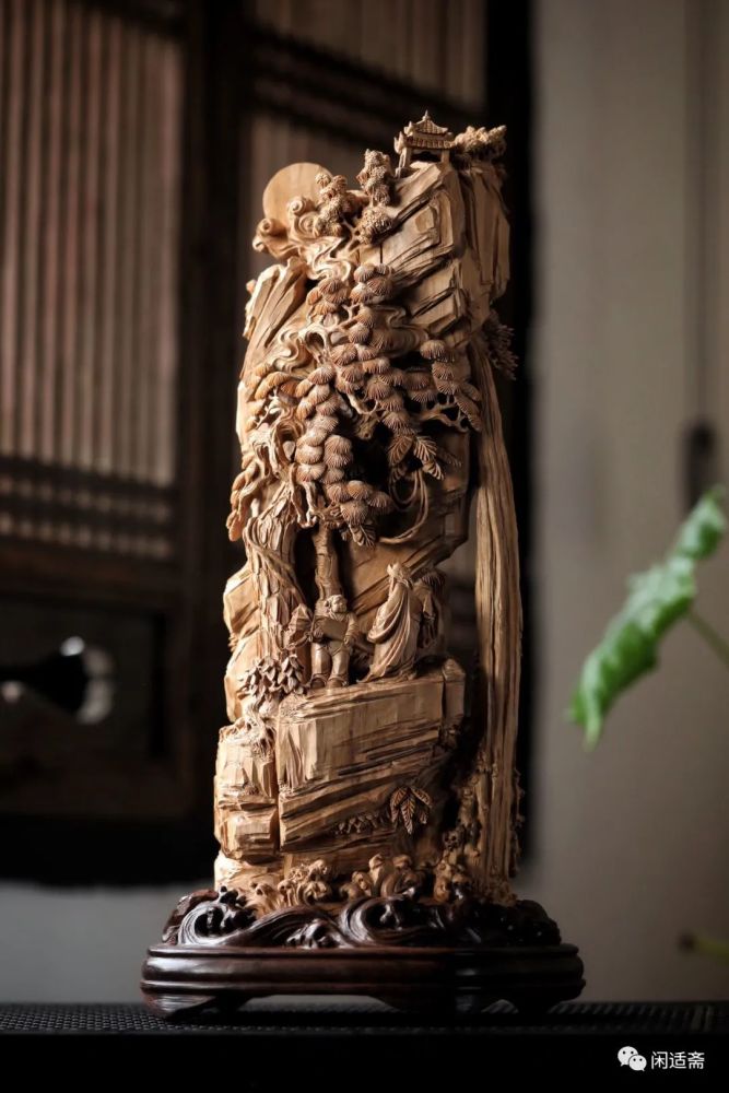 雅室清供,檀香木雕,烟云观瀑,艺术摆件