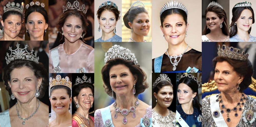 瑞典王室国宴,西尔维娅戴着用古董腰带转换的项链耳环