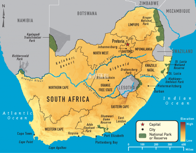 图1:显示其主要河流的南非地理地图 [11]尽管南非明显缺水,但南非国内