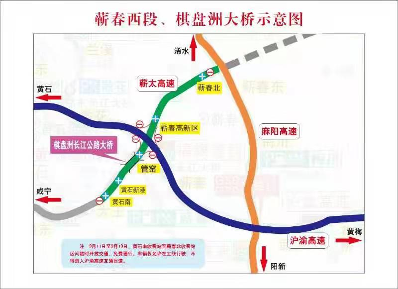 蕲春至太湖高速公路蕲春西段临时免费通行路线指引示意图