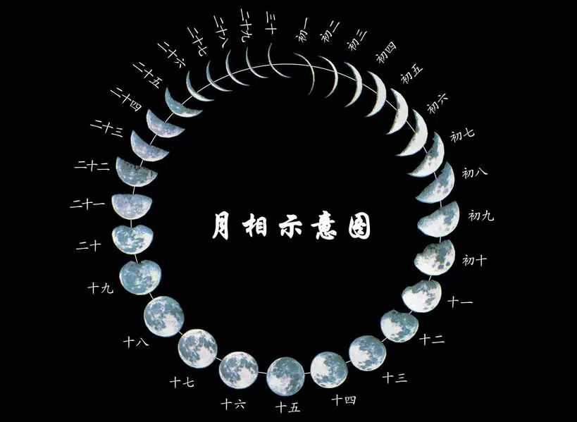 圆月并不只限于中秋,下面这张是完整的一个月的月亮示意图,月相变化