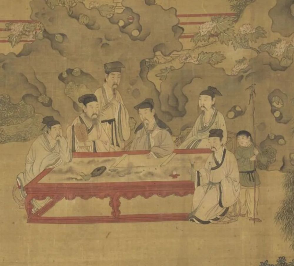 北宋 赵佶 《文会图》(局部) 上图中描绘了文人学者以文会友,饮酒