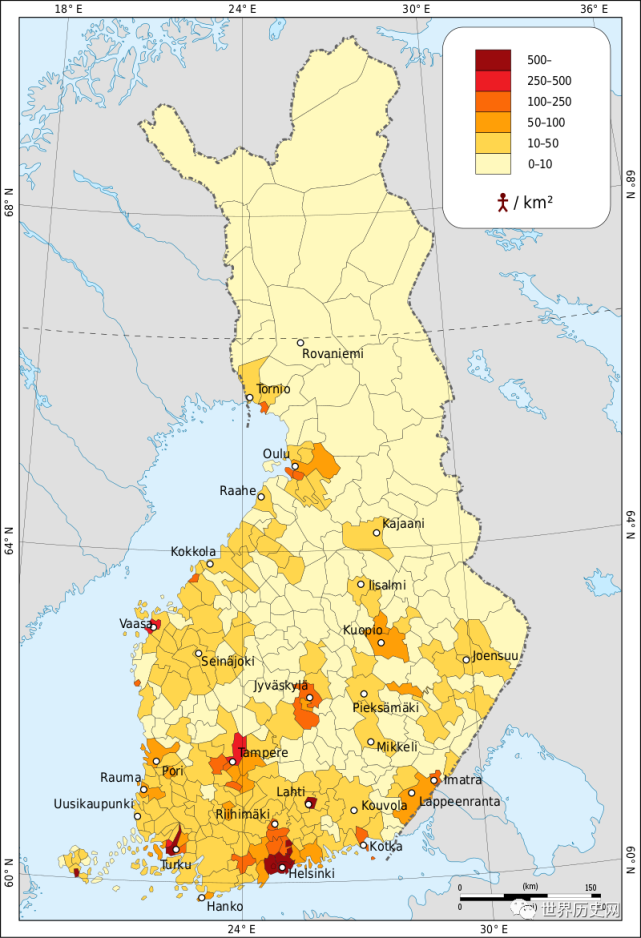 图 | 2010年,芬兰的人口密度图高经济总量,低人口规模,贫富差距小