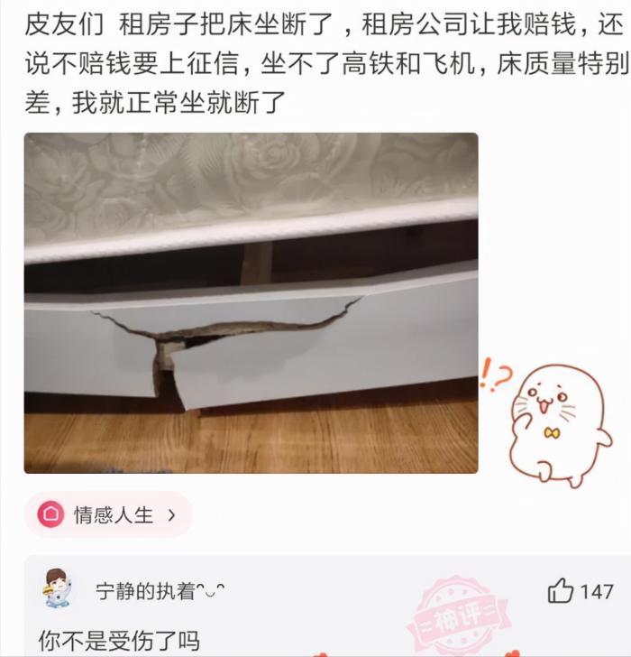 租房子把床坐断了,租房公司让我赔钱,该不该赔?哈哈哈