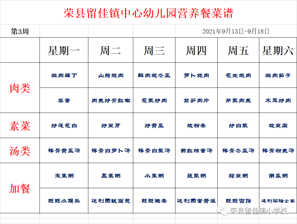 荣县留佳镇小学校-小学,幼儿园师生营养餐菜谱9月13日-9月18日