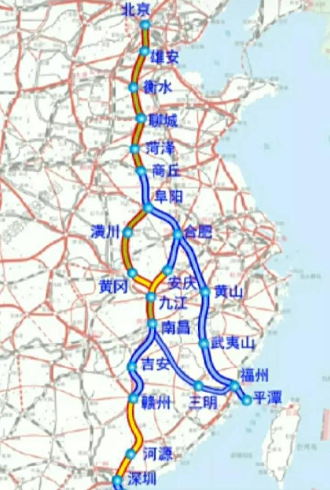 由上图京港台通道可以看出,合肥至福州有两条线路可选,一条是东线过