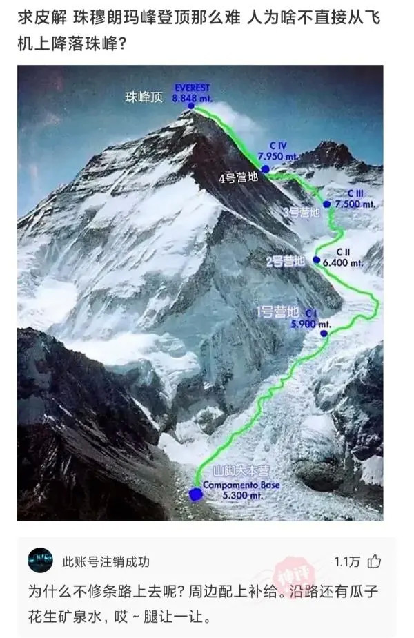 神回复:珠穆朗玛峰登顶那么难,人为啥不直接从飞机上