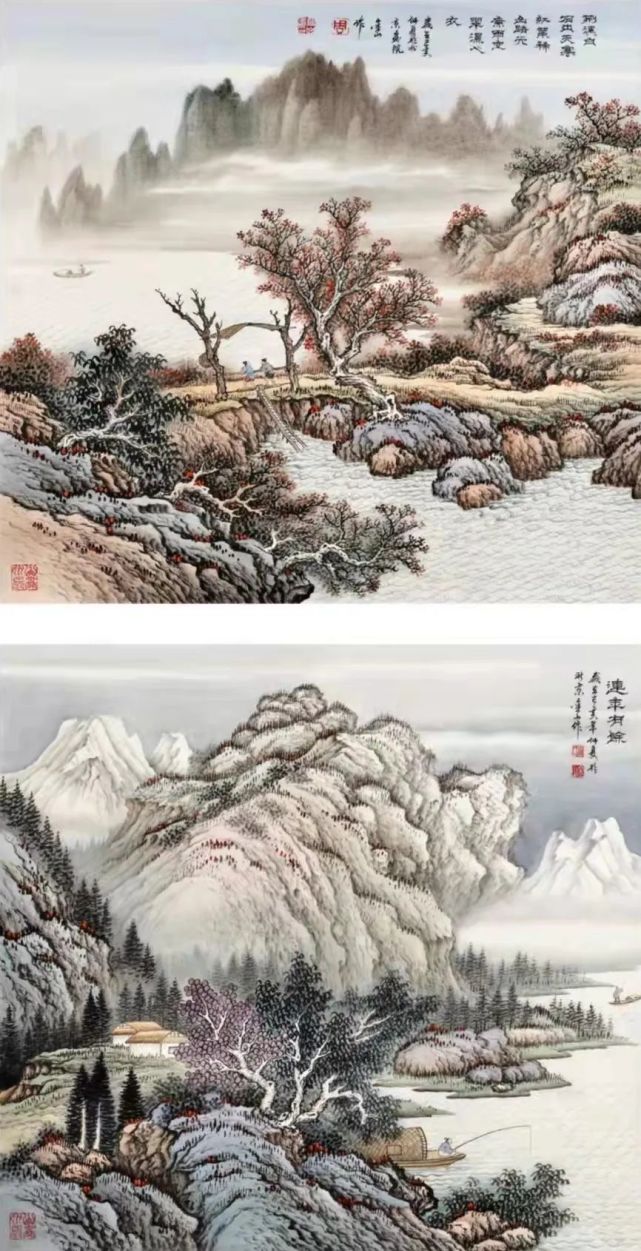 宋的雄浑精密,元的理想造境,形成了周金山山水画独具风采的工笔图式.