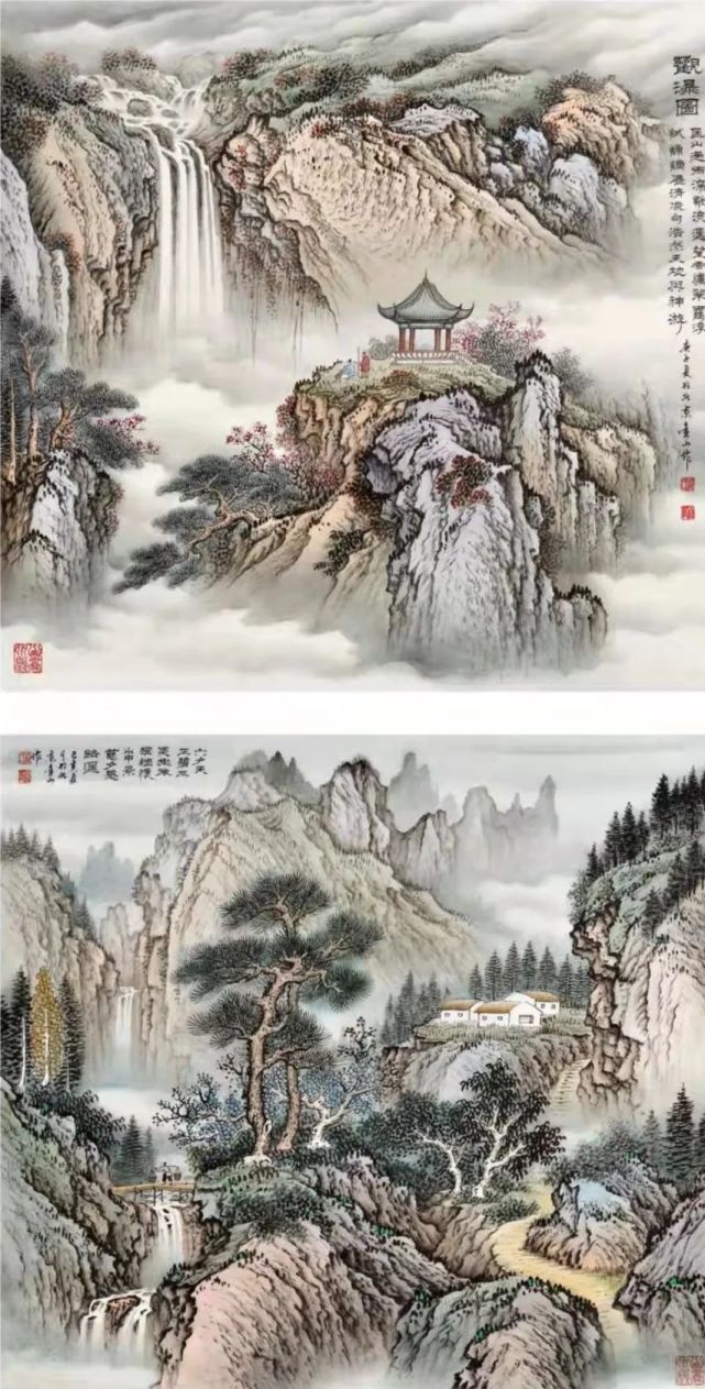 宋的雄浑精密,元的理想造境,形成了周金山山水画独具风采的工笔图式.