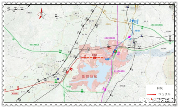 四,雄忻高铁线路自京雄城际雄安站引出向南,跨越新盖房分洪道折向西