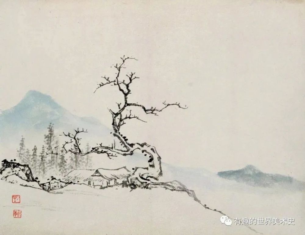 陈少梅 山水画小品高士泛舟行旅山居钓鱼图