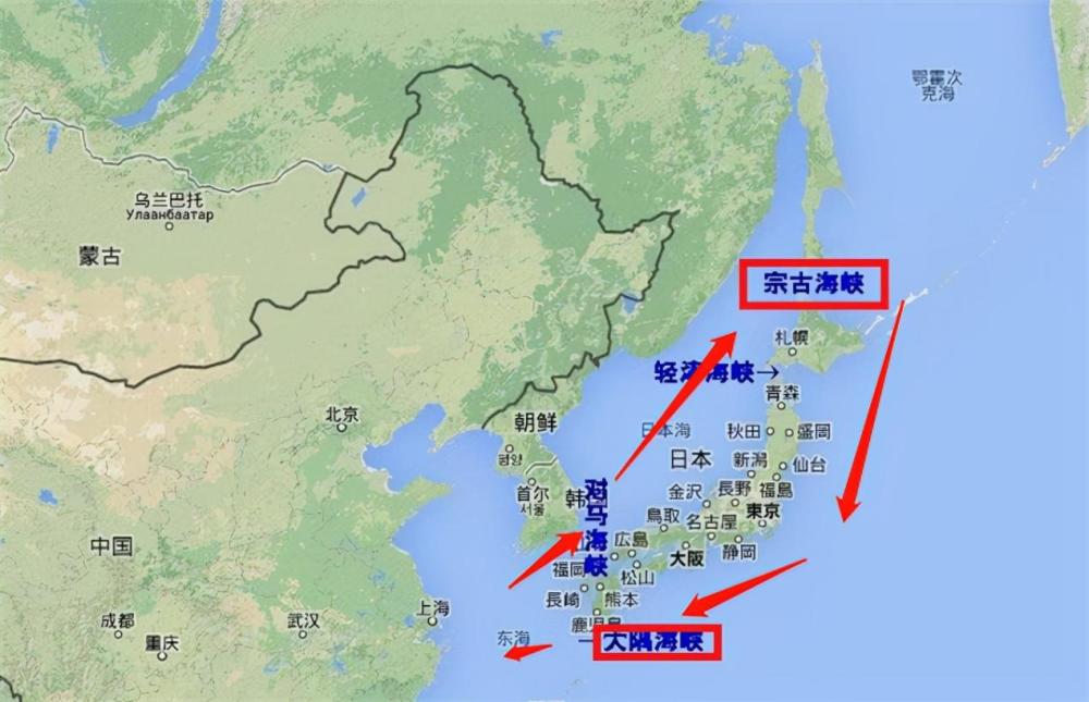 从西侧的对马海峡到北端的宗谷海峡,再到东侧的大隅海峡,中国海军舰队