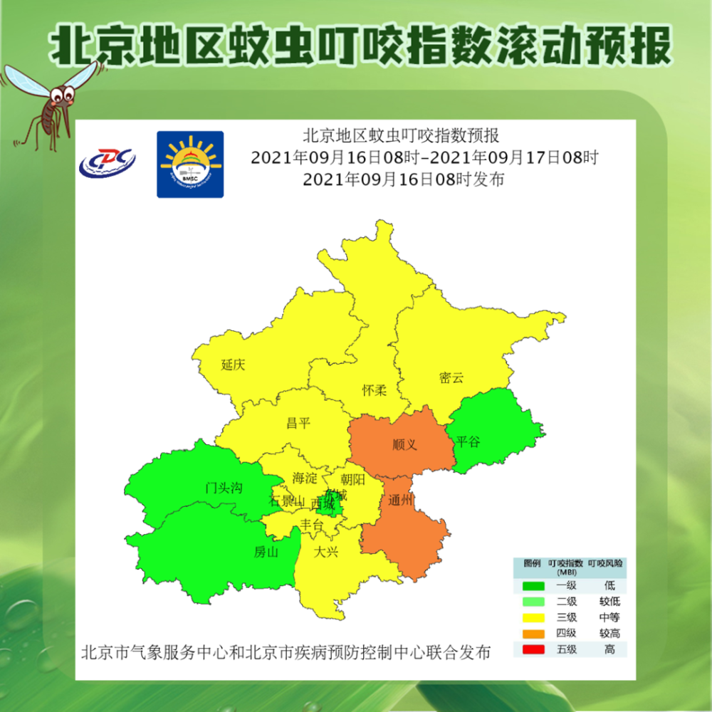 北京各区"蚊虫叮咬指数"预报(2021-9-16)