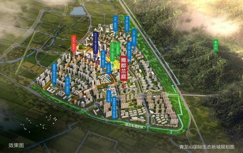 (青龙山生态新城效果图)项目所在的青龙山国际生态新城,位于以新街口