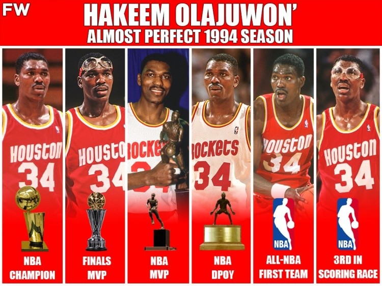 1993-94赛季,奥拉朱旺带领火箭夺得总冠军,个人则是荣膺总决赛mvp
