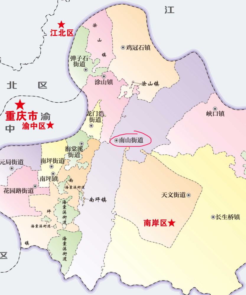 重庆南岸区一个狭长的街道(办,北抵江北区,南临巴南区