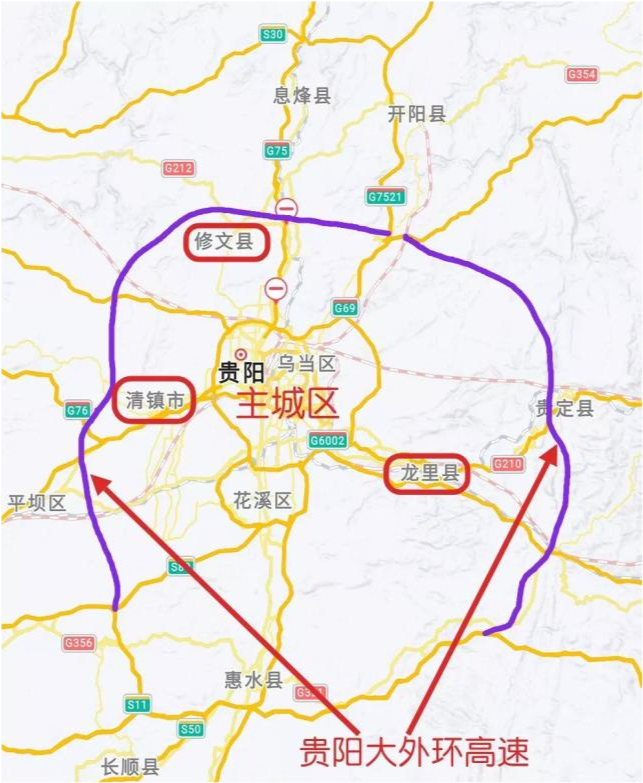 贵阳外环高速正在修建当中,未来包括修文县,清镇市,安顺平坝区,贵安
