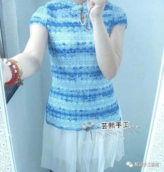 段染线钩织的超美旗袍领短袖美衣图解