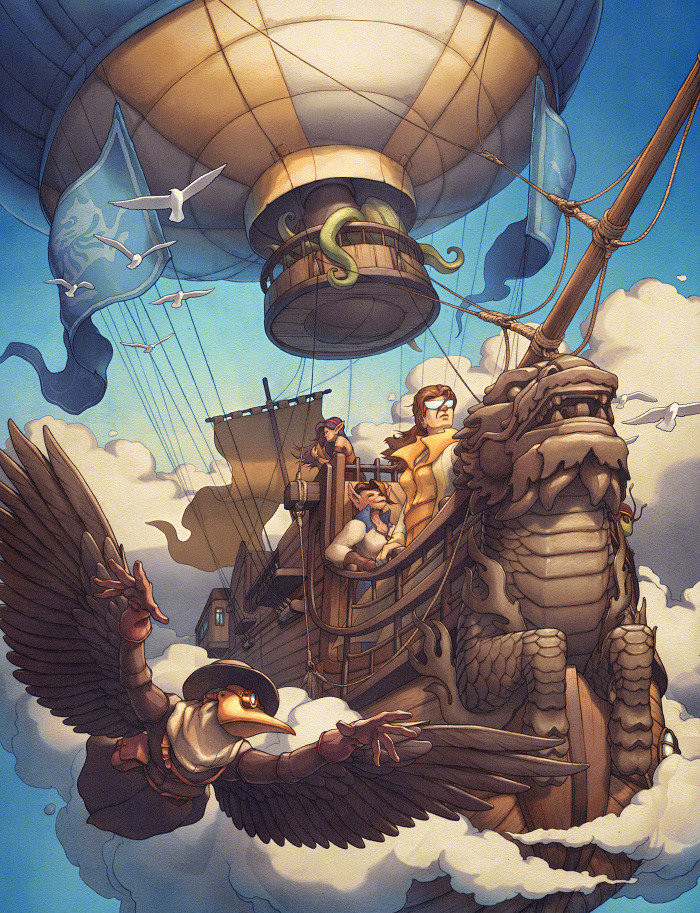 中国风蒸汽朋克插画作品,复古色调,带着怀旧的气息