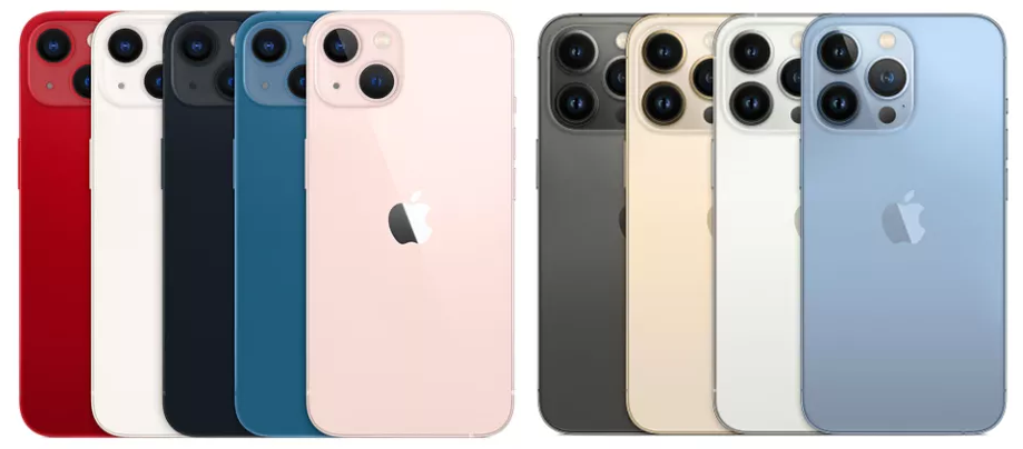 其中,iphone 13 和 iphone 13 mini 有五种配色:粉色,蓝色,午夜