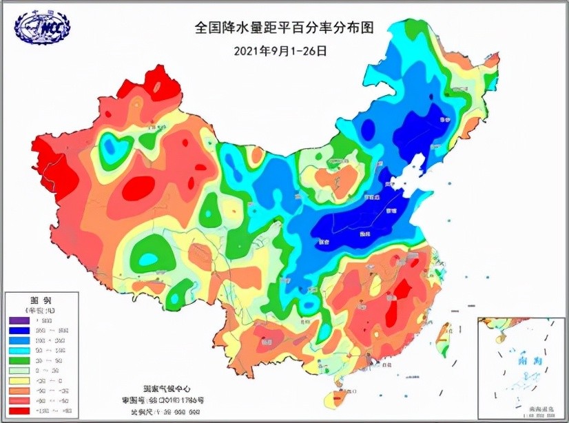 2021年9月1-26日全国降水量距平百分率分布图