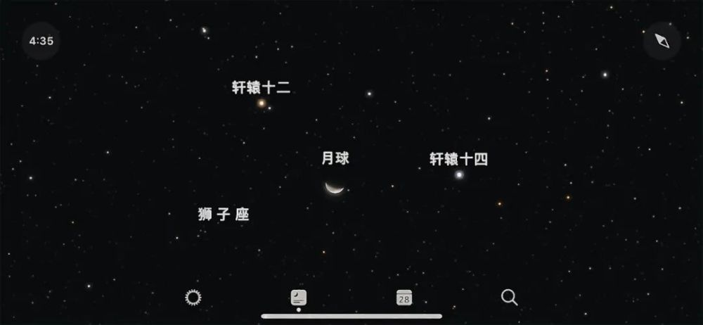 10度的地方;31日04:35轩辕十二合月(视赤经10h21m10s),地心所见轩辕