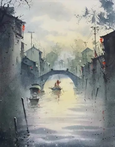水彩绘画,古色古香的江南风景,小桥,流水,人家