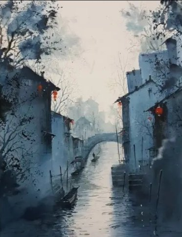 水彩绘画,古色古香的江南风景,小桥,流水,人家