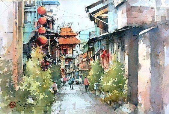 水彩风景绘画作品城市街景人群