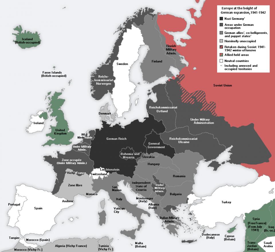 二战期间被纳粹德国占领的欧洲示意图.