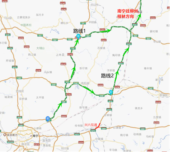 路线1:可以选择s31三南高速(新柳南高速)上林合山忻城三柳高速前往