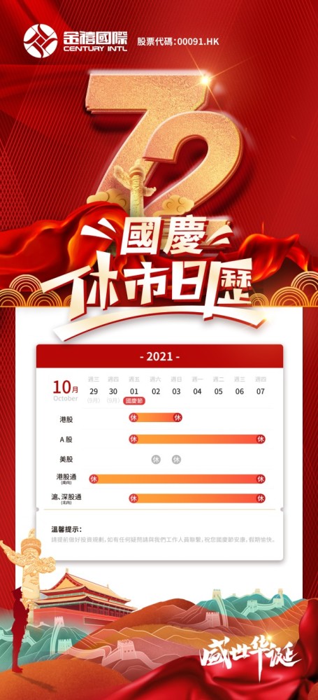 2021年国庆节休市安排:港股10月1日至3日休市,美股照常,祝您假期愉快!