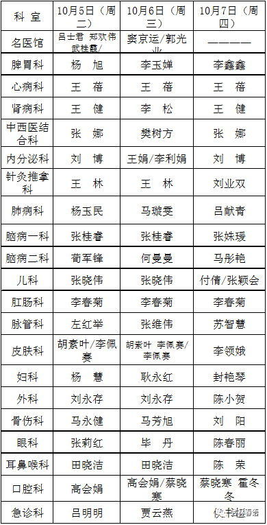 石家庄市中医院门诊医生国庆假期出诊时间表及部分专家停诊通知!