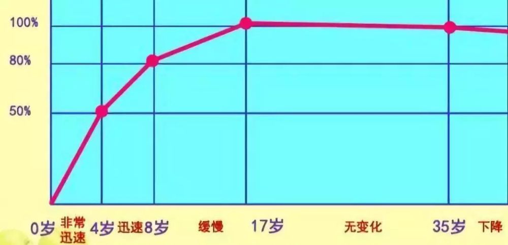 我们可以看出儿童智力发展是不均衡的,前四年发展最快,第二个四年