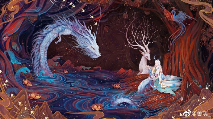 古风手绘插画神话场景舍溪