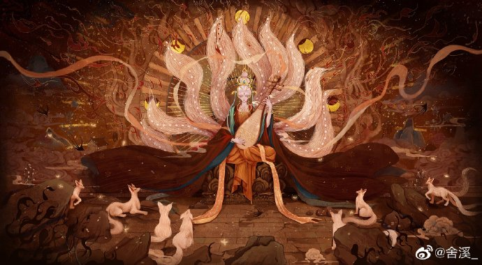 古风手绘插画,神话场景～舍溪