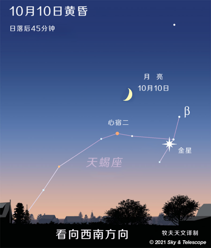 现在月亮在傍晚出现在金星右方,金星在2星等的天蝎座δ下方0.75°处.