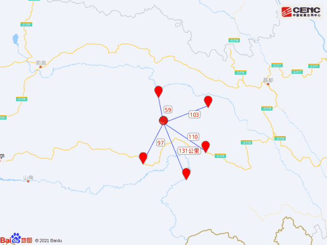 震中距边坝县59公里,距巴宜区97公里,距洛隆县103公里,距波密县110