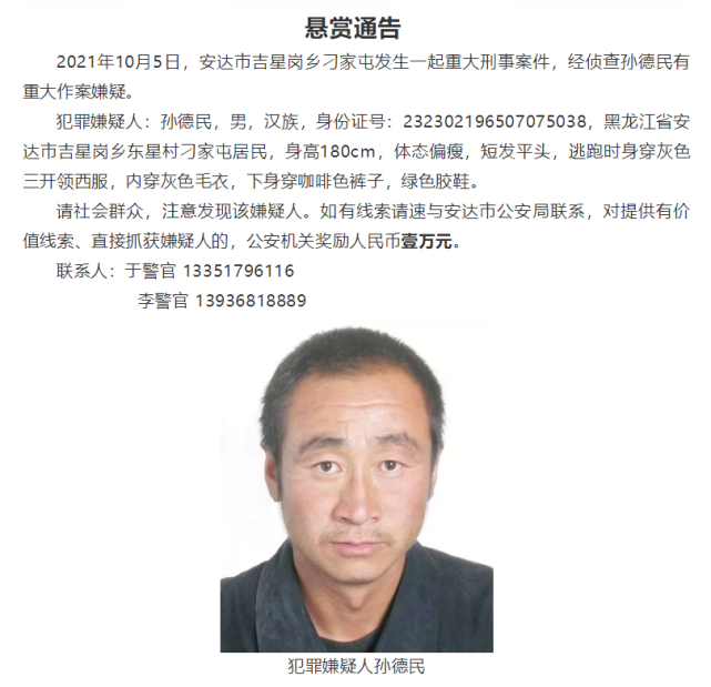 黑龙江省安达市发生一起重大刑案警方悬赏缉拿嫌疑人