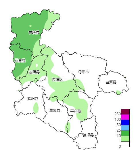 2021-10-5 07:00至2021-10-6 07:00 安康累计降水分布(单位:mm) 陕西