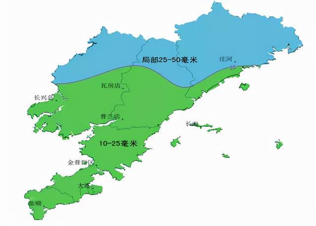 凌晨至10日早晨,全市平均降雨量为中雨(10-25毫米),瓦房店市,普兰店区